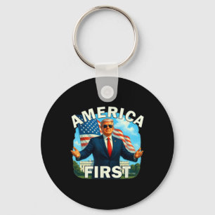 Gritty Bold Retro Political Slogan America First D Key Ring