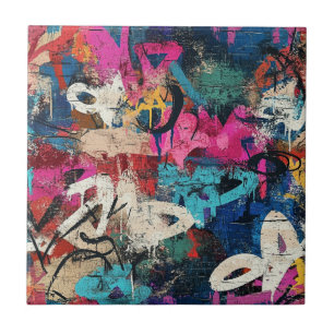 Gritty City Wall Graffiti Pink Blue Black Ceramic Tile