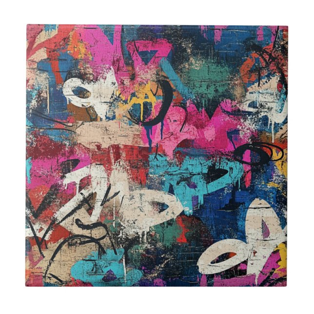 Gritty City Wall Graffiti Pink Blue Black Ceramic Tile (Front)