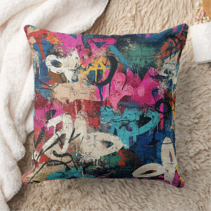 Gritty City Wall Graffiti Pink Blue Black Cushion