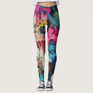 Gritty City Wall Graffiti Pink Blue Black Leggings