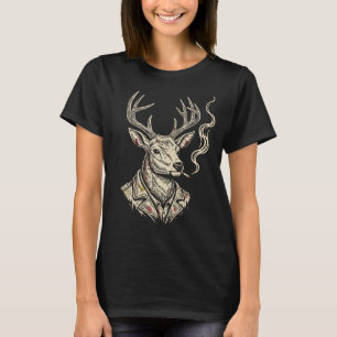 Gritty Smokin' Deer Bold Vintage Line Art Graphic T-Shirt