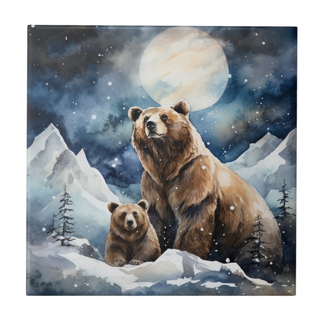 Grizzly Bear and Baby Ceramic Tile (Front)