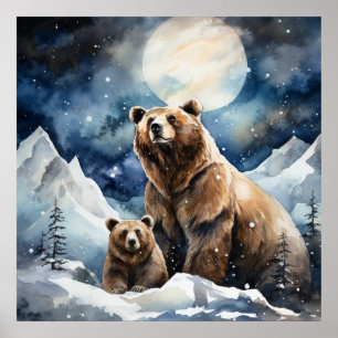 Grizzly Bear and Baby Poster