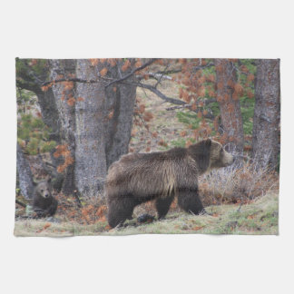 Grizzly Bear and Cub in Yellowstone Kitchen Towel