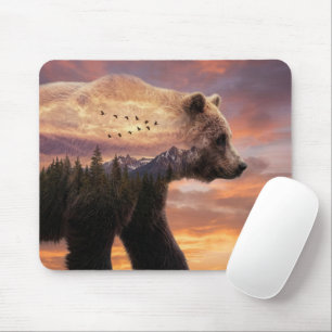 Grizzly Bear and Mountains Double Exposure Mouse Pad