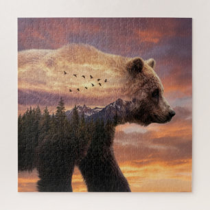 Grizzly Bear and Mountains Scene Double Exposure Jigsaw Puzzle