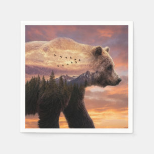 Grizzly Bear and Mountains Scene Double Exposure Napkin
