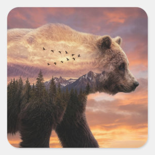 Grizzly Bear and Mountains Scene Double Exposure Square Sticker