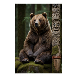 Grizzly Bear and Totem Pole Wildlife Art Poster