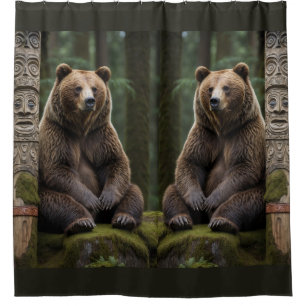 Grizzly Bear and Totem Pole Wildlife Art Shower Curtain