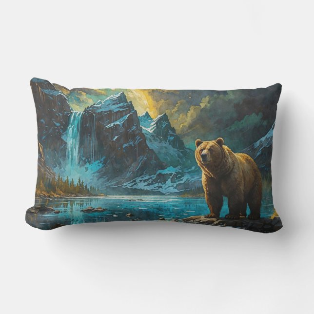 Grizzly Bear and Waterfall Art Lumbar Cushion (Front)