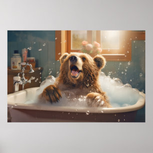 Grizzly Bear Animal Fun Bath Tub Happy Relax Time Poster