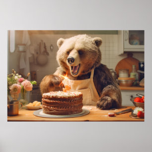 Grizzly Bear Animal Fun Cooking Cake Happy Time Poster