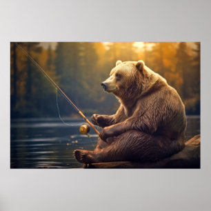 Grizzly Bear Animal Fun Lake Fishing Happy Time  Poster