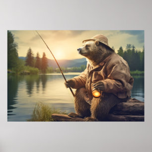 Grizzly Bear Animal Fun Lake Fishing Happy Time Poster