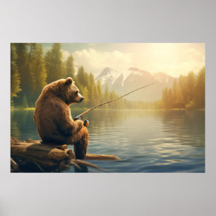 Grizzly Bear Animal Fun Lake Fishing Happy Time  Poster