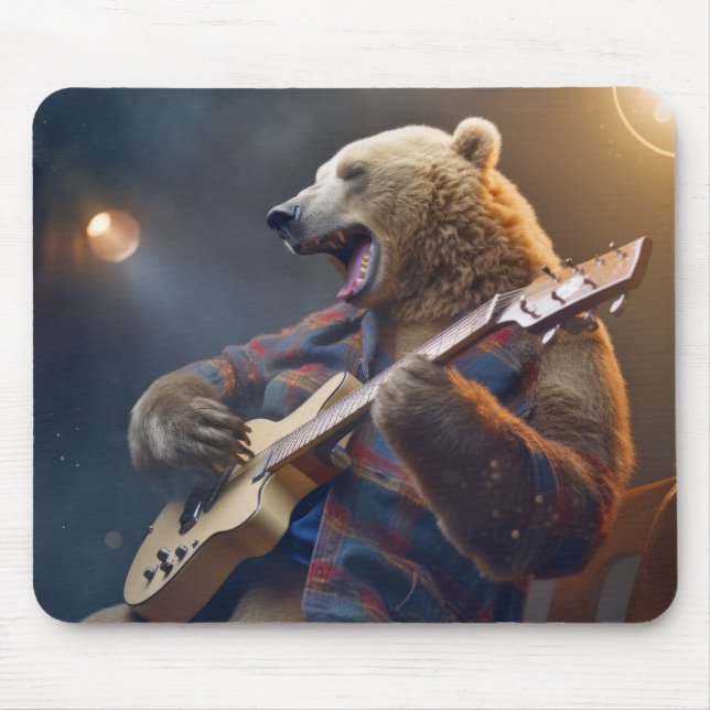 Grizzly Bear Animal Fun Playing Guitar  Happy Time Mouse Pad (Front)