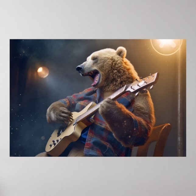Grizzly Bear Animal Fun Playing Guitar  Happy Time Poster (Front)
