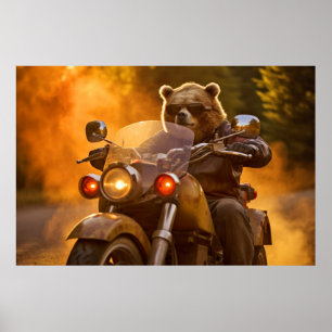Grizzly Bear Animal Fun Riding Moto Bike Happy Poster