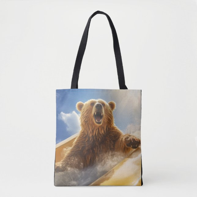 Grizzly Bear Animal Fun Water Slide Happy Time Tote Bag (Front)