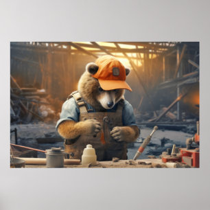 Grizzly Bear Animal Fun Work Handyman Happy Time Poster