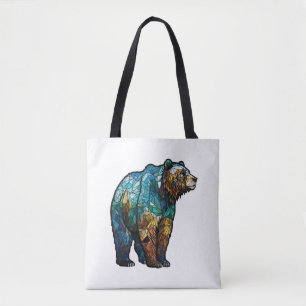 Grizzly Bear Animal Portrait Stained Glass Forest Tote Bag