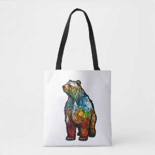 Grizzly Bear Animal Portrait Stained Glass Forest Tote Bag