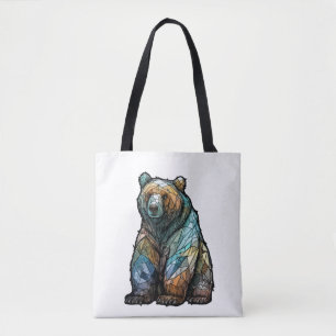Grizzly Bear Animal Portrait Stained Glass Forest Tote Bag