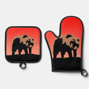 Grizzly Bear at Sunset - Original Wildlife Art Oven Mitt & Pot Holder Set