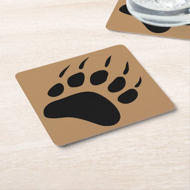 Grizzly Bear Black Paw Print Barware Square Paper Coaster (Angled)