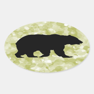 Grizzly Bear Black Silhouette Mottled Green Oval Sticker