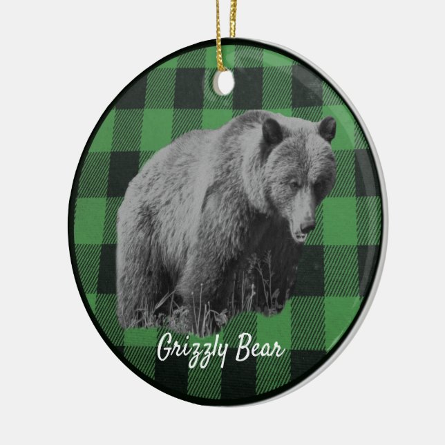 Grizzly Bear Buffalo Plaid Ceramic Ornament (Left)