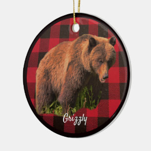 Grizzly Bear Buffalo Plaid Ceramic Ornament