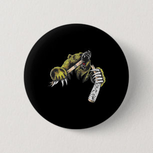 Grizzly Bear Bursting Though Biting Hockey Stick L 6 Cm Round Badge