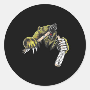 Grizzly Bear Bursting Though Biting Hockey Stick L Classic Round Sticker