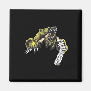 Grizzly Bear Bursting Though Biting Hockey Stick L Magnet