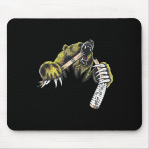 Grizzly Bear Bursting Though Biting Hockey Stick L Mouse Pad