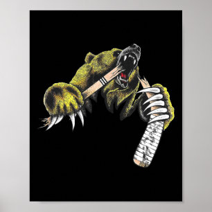 Grizzly Bear Bursting Though Biting Hockey Stick L Poster