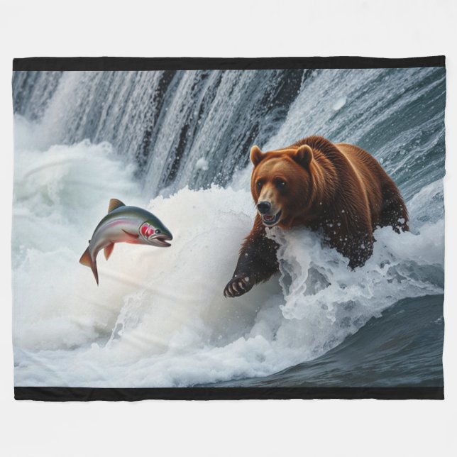 Grizzly Bear Catching Salmon Fleece Blanket (Front (Horizontal))