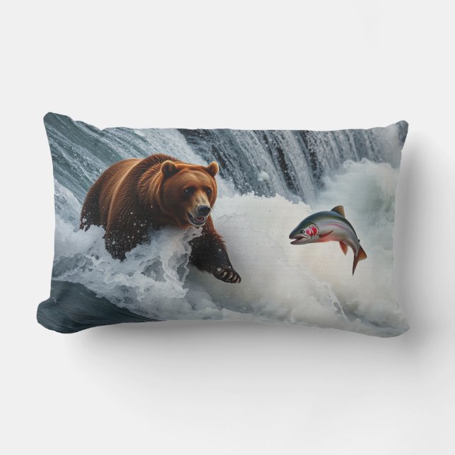 Grizzly Bear Catching Salmon Lumbar Cushion (Front)