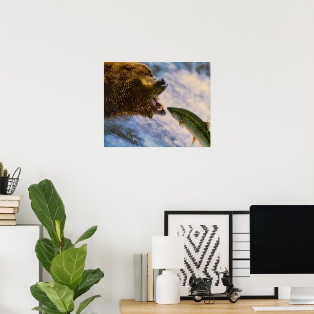 Grizzly Bear Catching Steelhead Salmon Poster (Home Office)