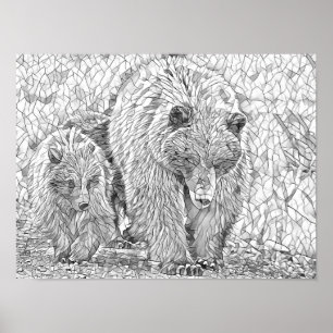 Grizzly Bear & Cub Grey scale abstract colouring Poster