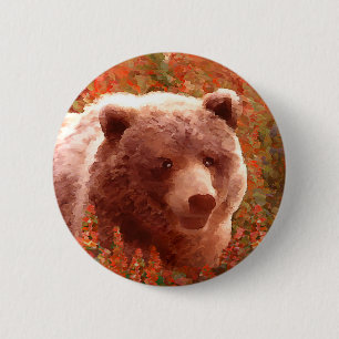 Grizzly Bear Cub in Fireweed Painting Wildlife Art 6 Cm Round Badge