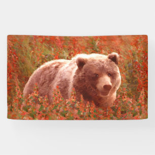 Grizzly Bear Cub in Fireweed Painting Wildlife Art Banner