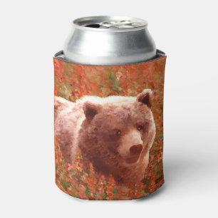 Grizzly Bear Cub in Fireweed Painting Wildlife Art Can Cooler