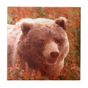 Grizzly Bear Cub in Fireweed Painting Wildlife Art Ceramic Tile