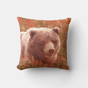 Grizzly Bear Cub in Fireweed Painting Wildlife Art Cushion