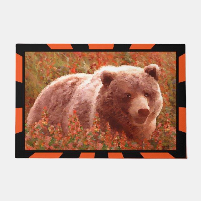 Grizzly Bear Cub in Fireweed Painting Wildlife Art Doormat (Front)