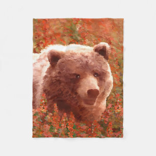 Grizzly Bear Cub in Fireweed Painting Wildlife Art Fleece Blanket